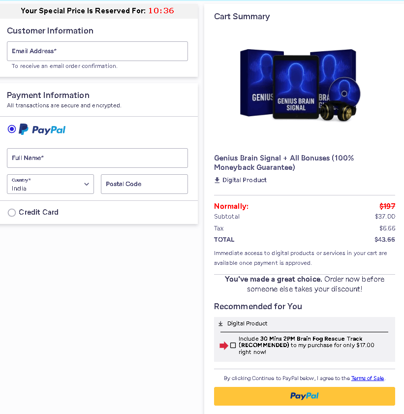 Genius Brain Signal checkout page 